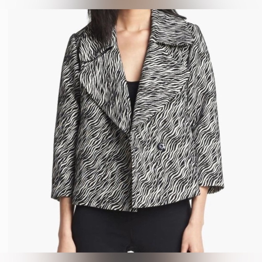 Tracy Reese Zebra Animal Print Jacket Blazer 3/4 Sleeves Black White Gray Medium